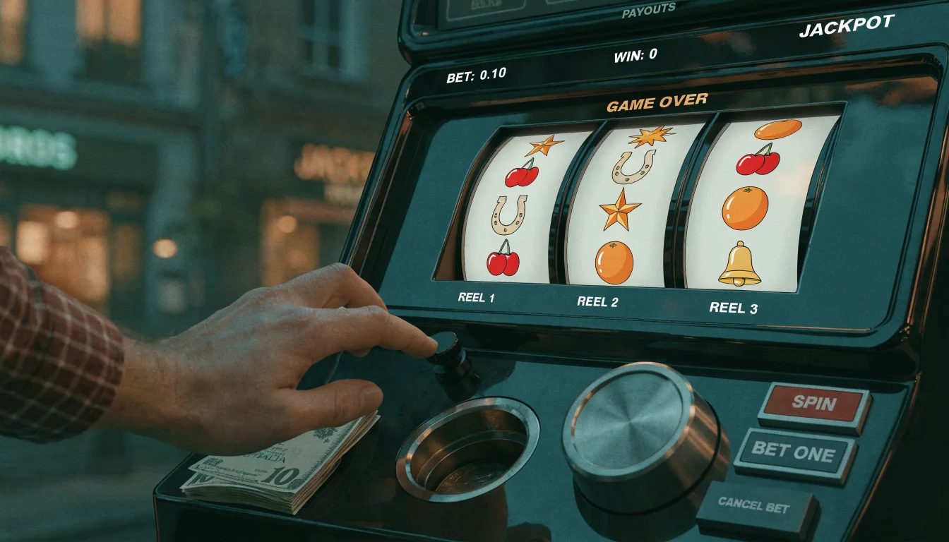 Hand adjusting low bet on a slot game screen with coffee nearby