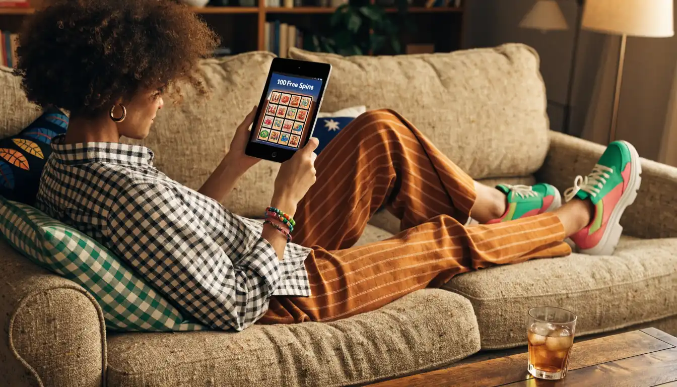 Player exploring virtual casino lobby on tablet with holographic icons