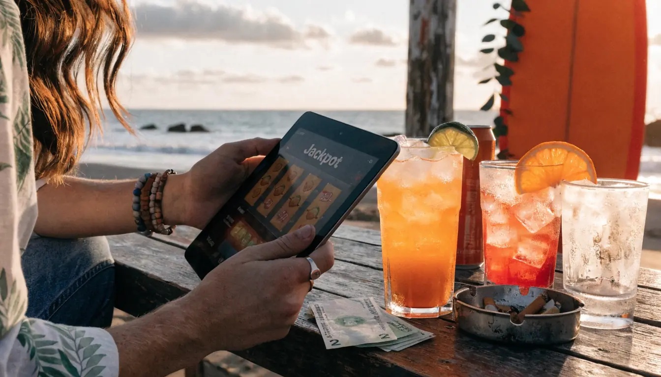 Young adult at beach bar using tablet with casino game and $2 notes.