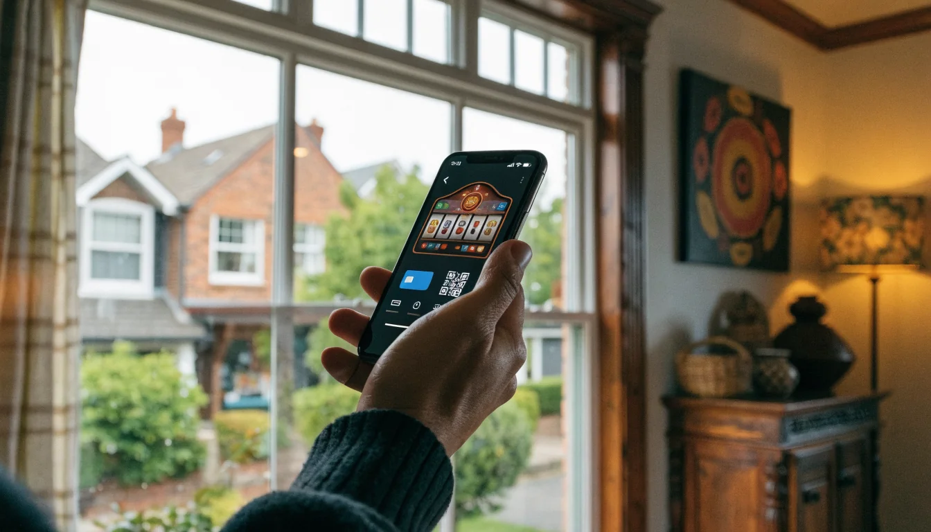 Hand with smartphone displaying payment options and casino game in Australian home.
