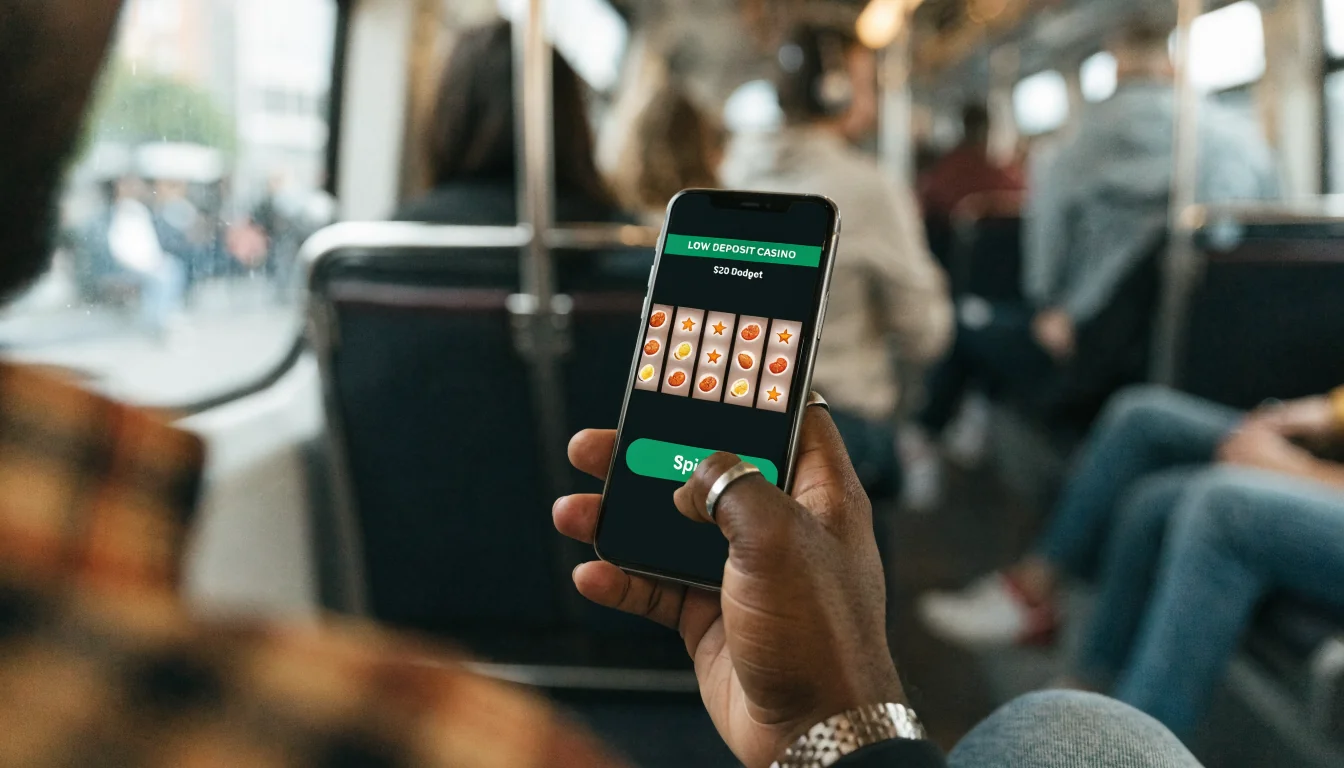 Commuter on train playing casino game on smartphone.