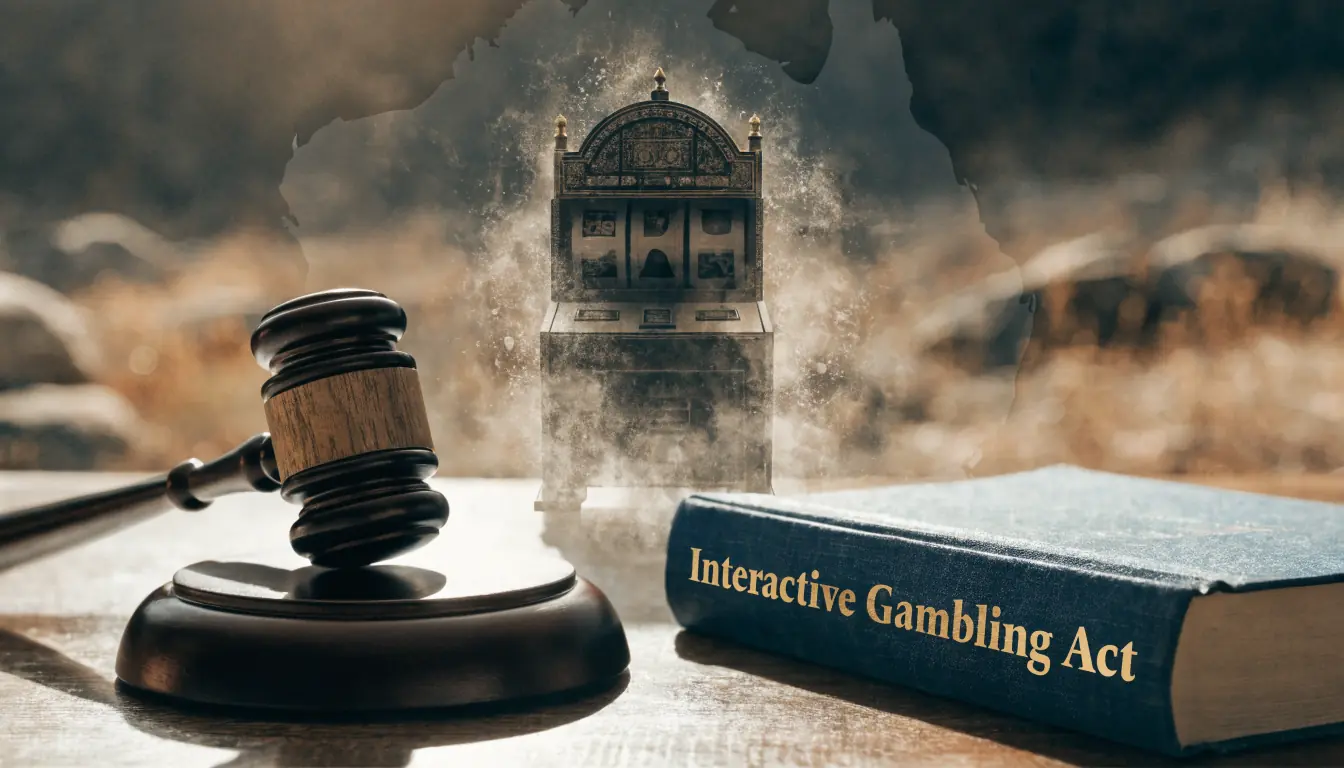 Courtroom illustration with gavel, law book, and fading slot machine
