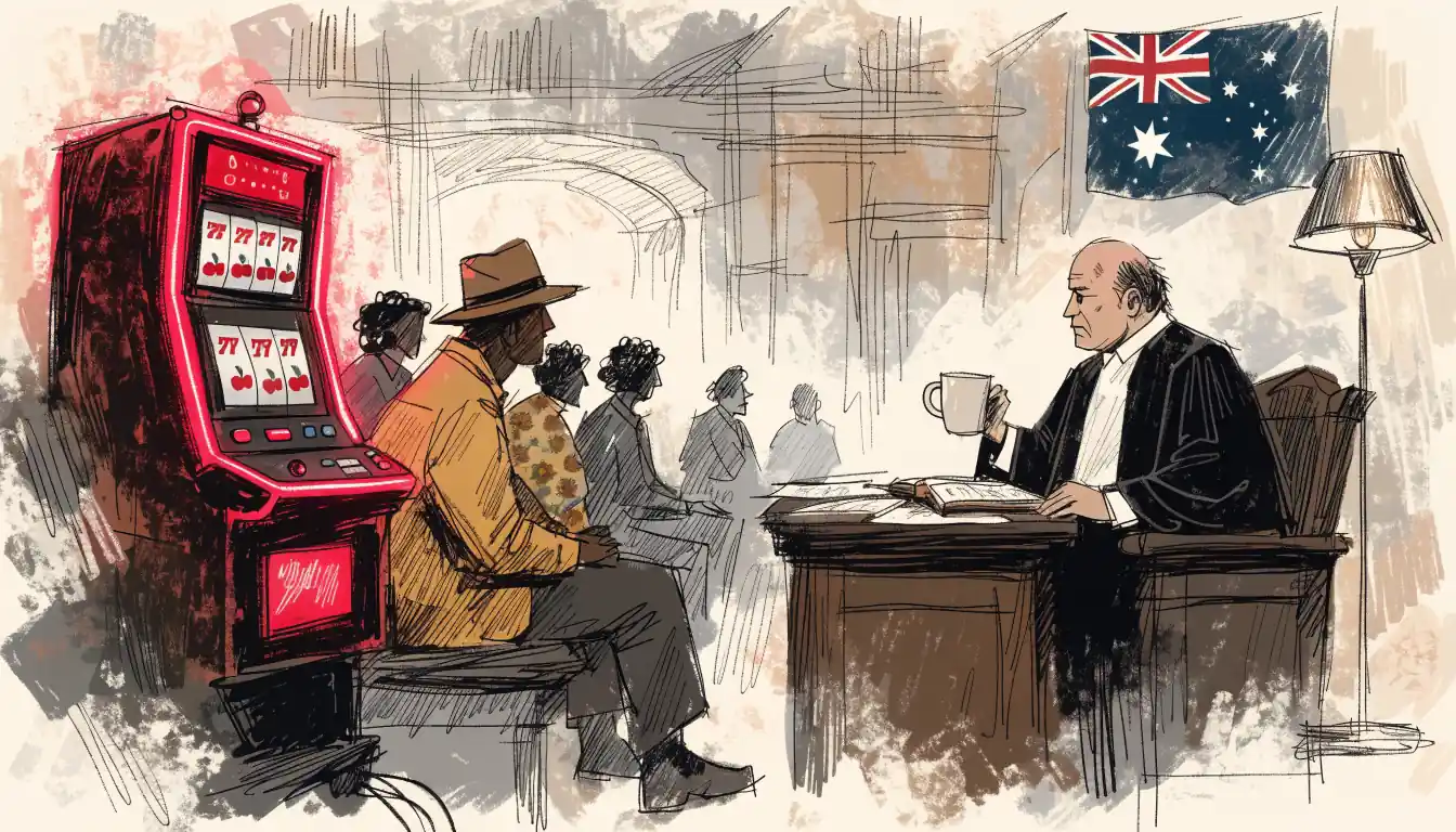 Kangaroo lawyer with legal books and a slot machine representing Australian gambling law.