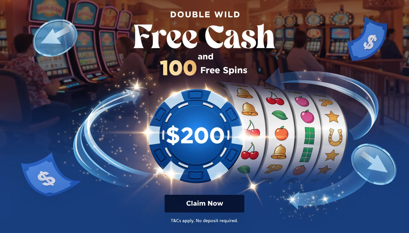 Glowing $200 chip and spinning slot reels with cash icons