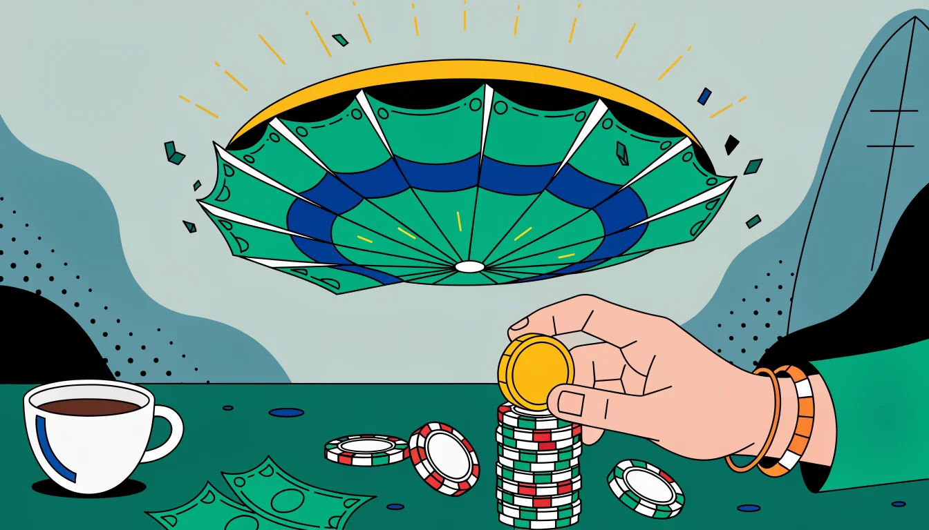 Hand holding glowing chip multiplying in casino setting
