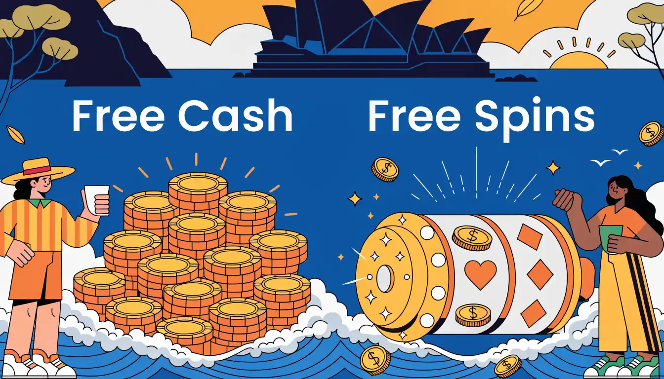 Side by side illustration of free cash chips and free spins slot reels