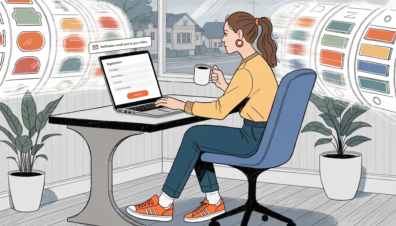 Person registering on laptop in cozy room with Australian motif