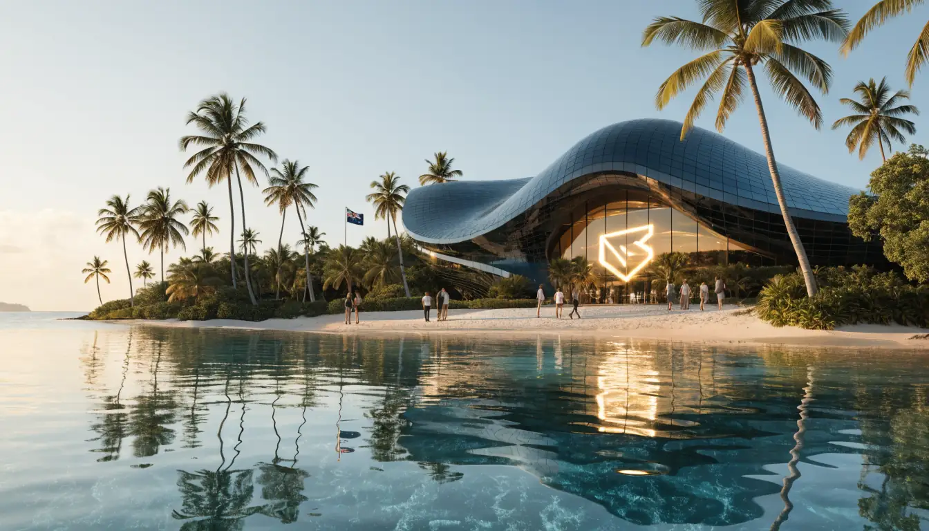 Nighttime island resort with neon crypto symbols and casino arches