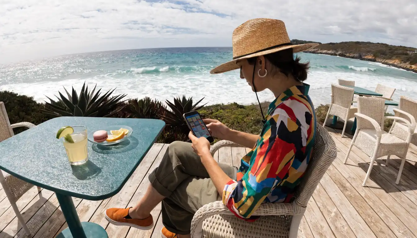 Person playing a 5-reel slot on phone at an Australian beach bar, indicating legality.