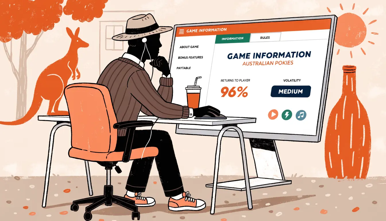 Player viewing RTP details on a computer screen with Australian motifs