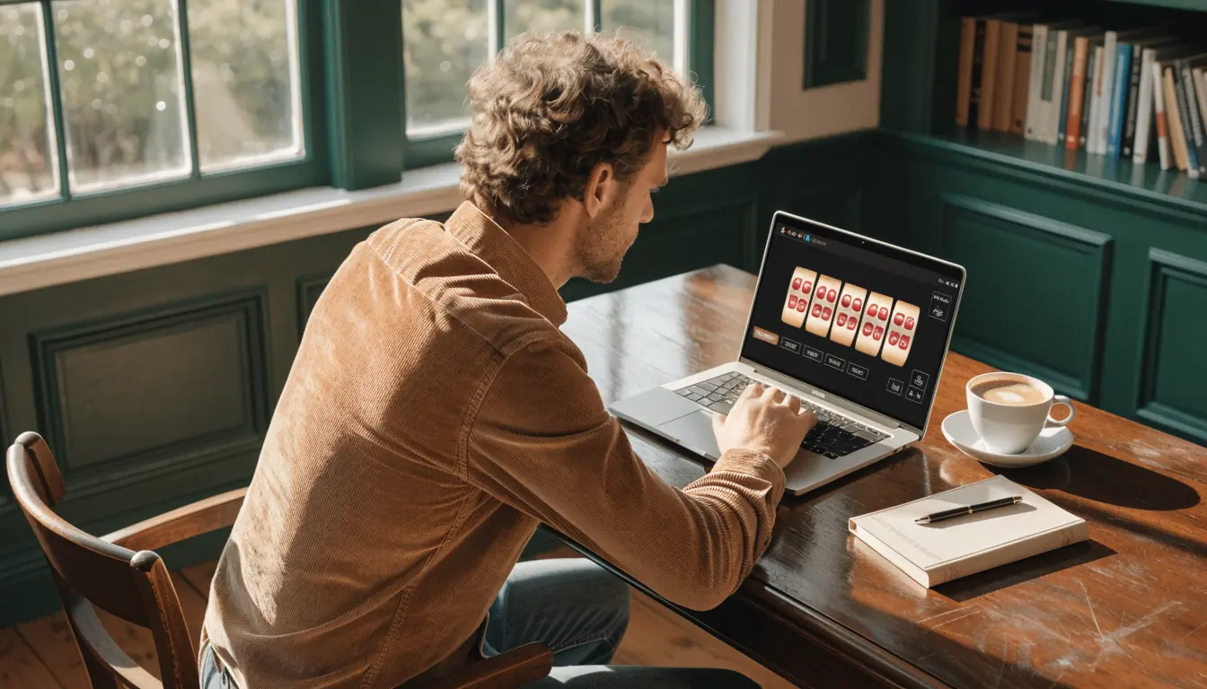 Person playing a 7-reel slot demo on a laptop in a sunny Australian room