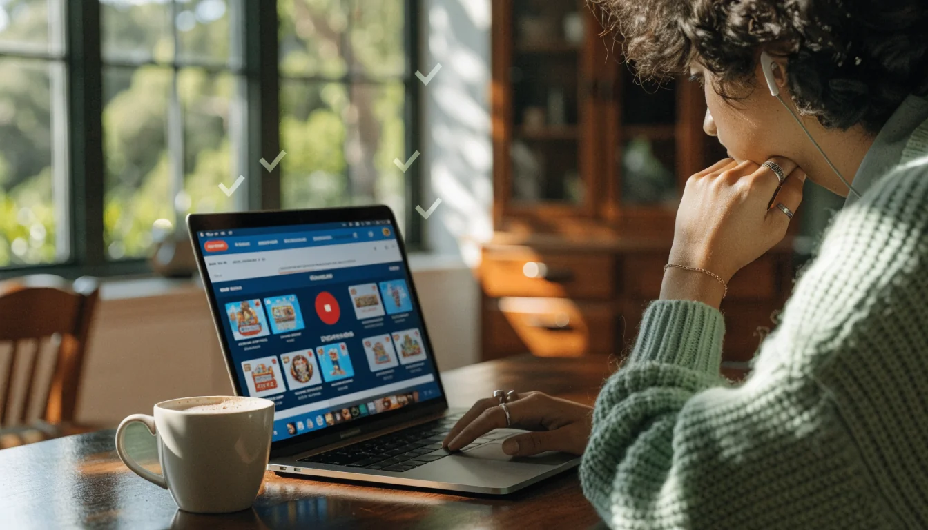 Person evaluating online casino on laptop in Australian home.