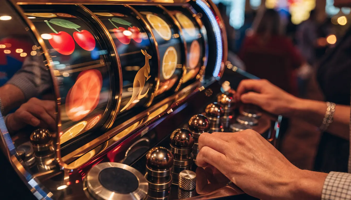 Close‑up of Aussie‑themed slot machine with reels