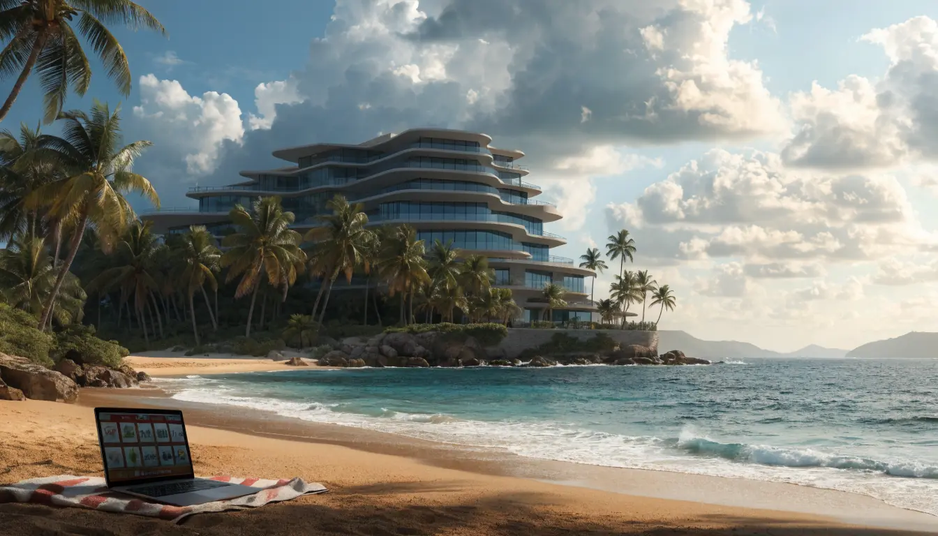 Offshore island casino with laptop showing slot games
