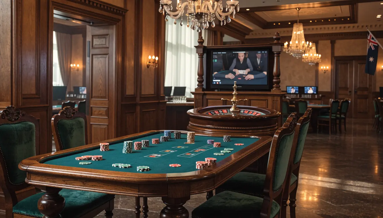 Casino interior with blackjack, roulette and live dealer screen