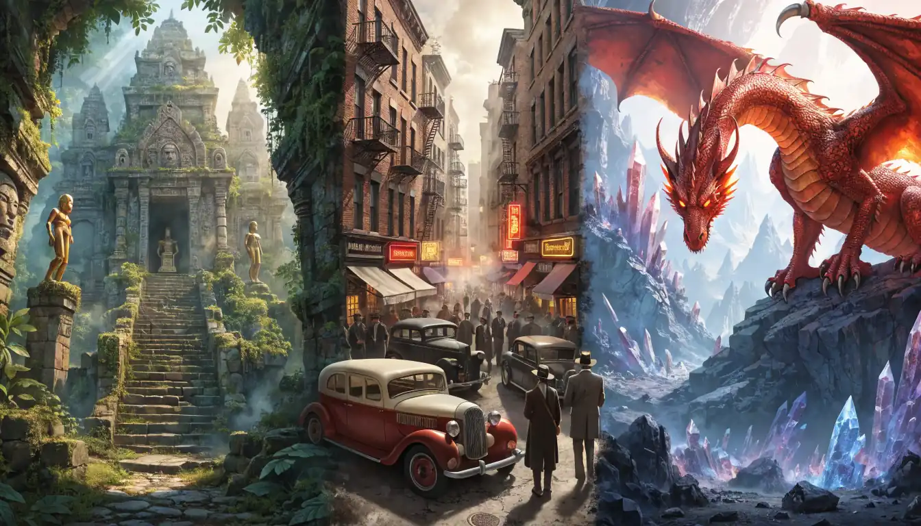 Collage of jungle, mafia, and dragon slot game scenes