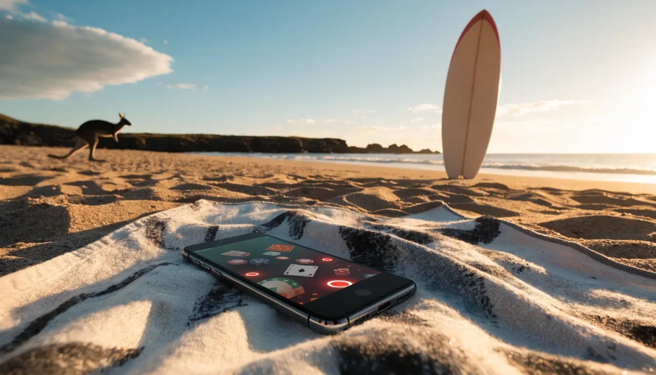 Android phone on beach towel showing casino game interface