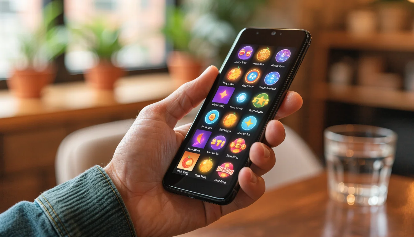 Hand holding phone with vertical slot game list