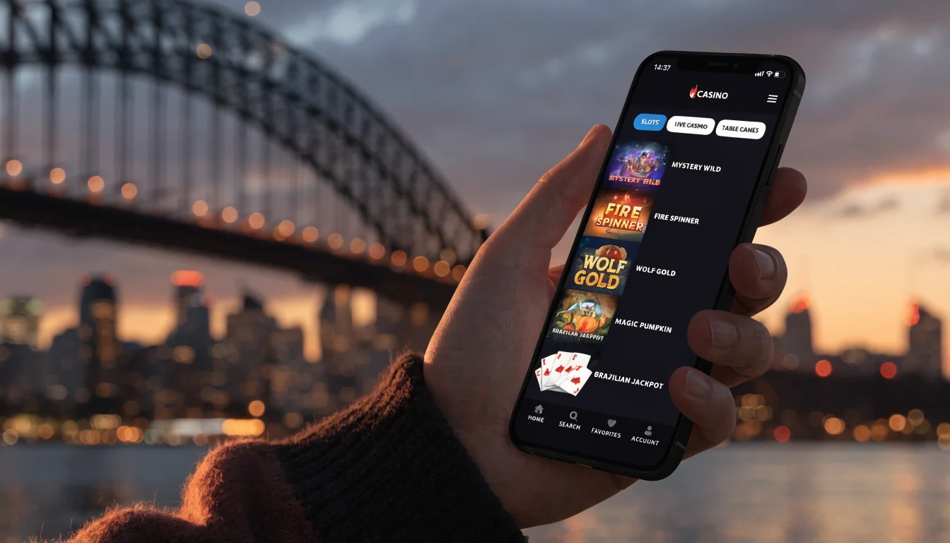 Hand holding iPhone scrolling through casino game thumbnails