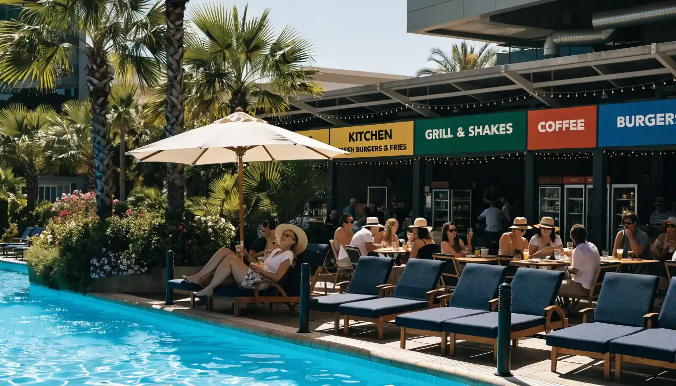 Outdoor pool area with casual food stalls and lounge chairs