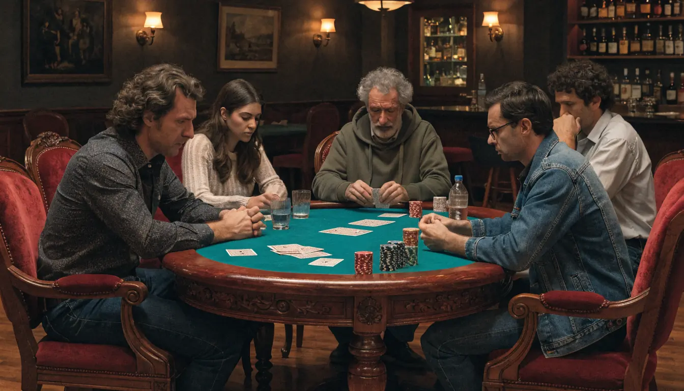 Cozy poker room with players at a green felt table