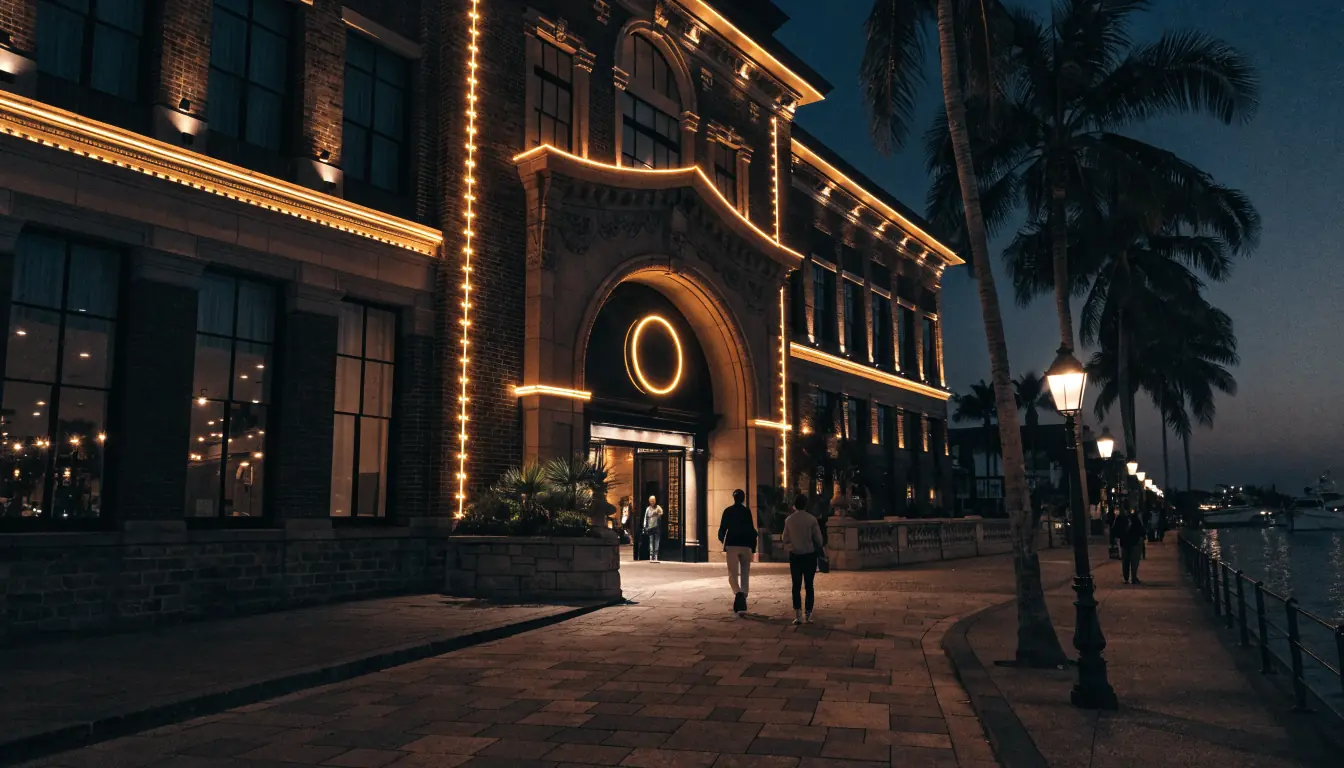 Darwin casino exterior at night with tropical backdrop