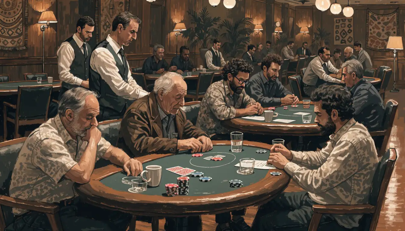 Poker room interior with tables and players