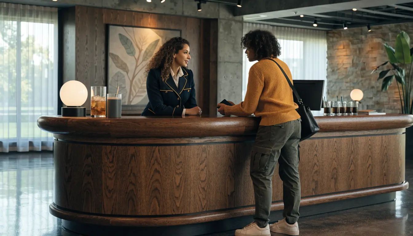 Casino customer service desk with staff assisting guest