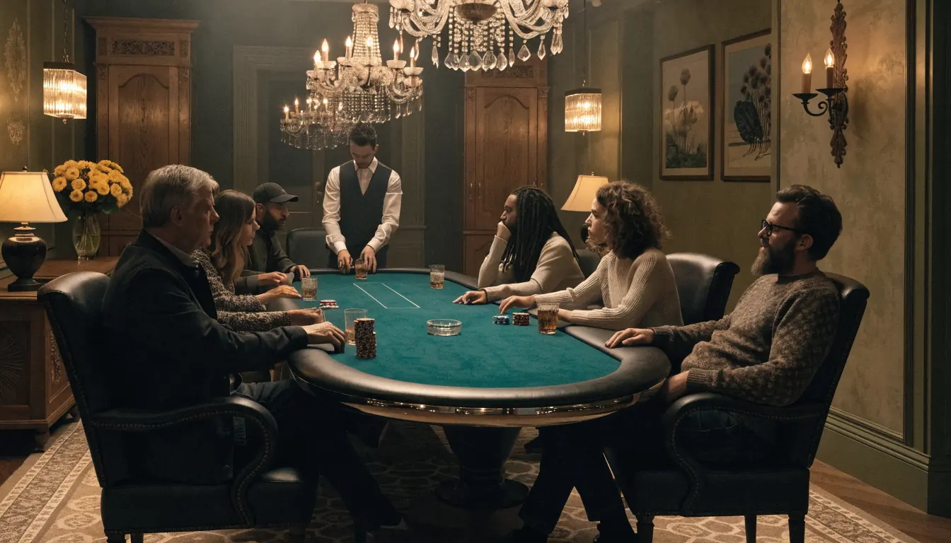 Upscale poker room interior with green felt tables and players