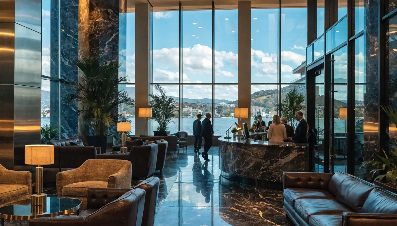 Casino hotel lobby with harbor windows and comfortable seating