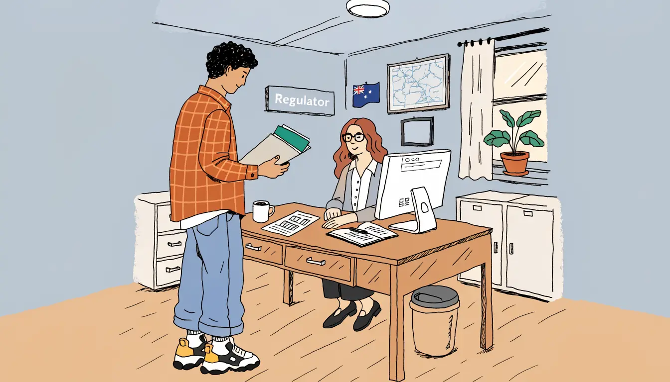 Person consulting a regulator desk in an office