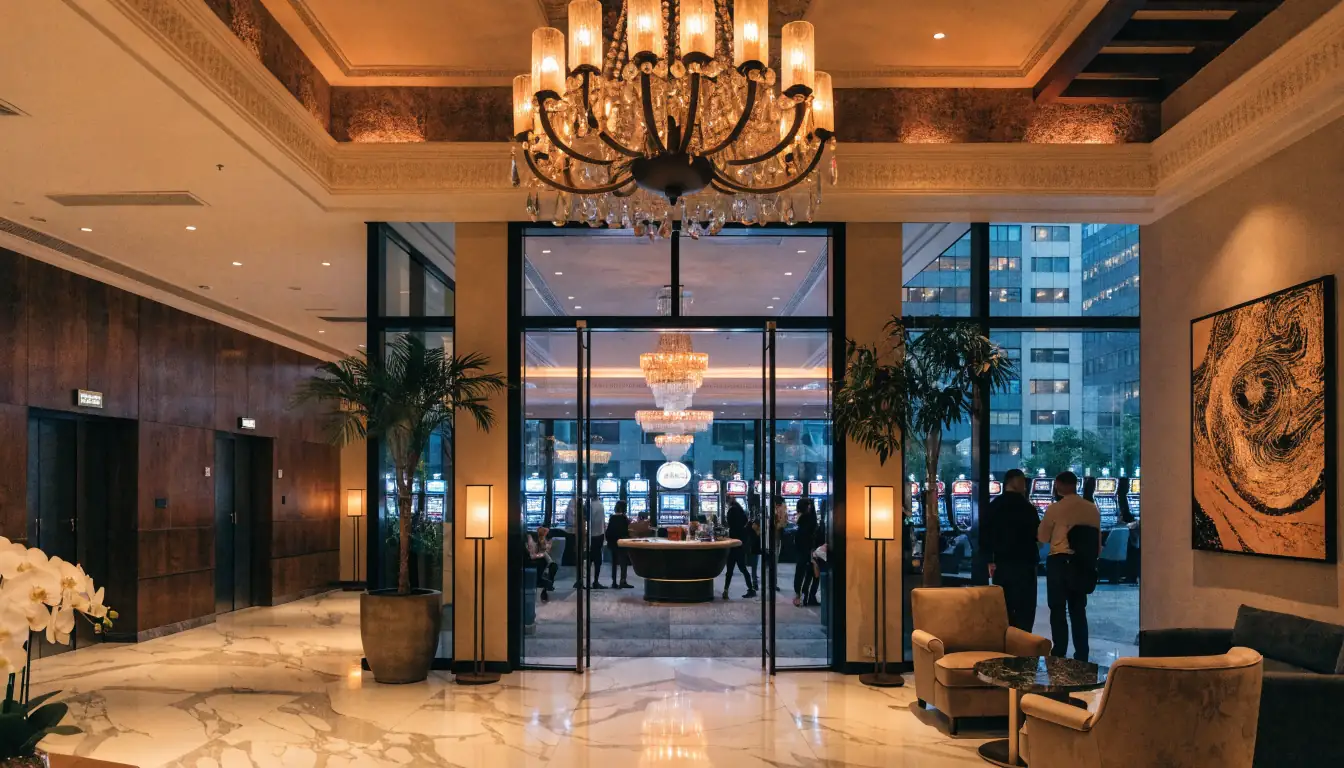 Hotel lobby with visible casino floor through glass doors