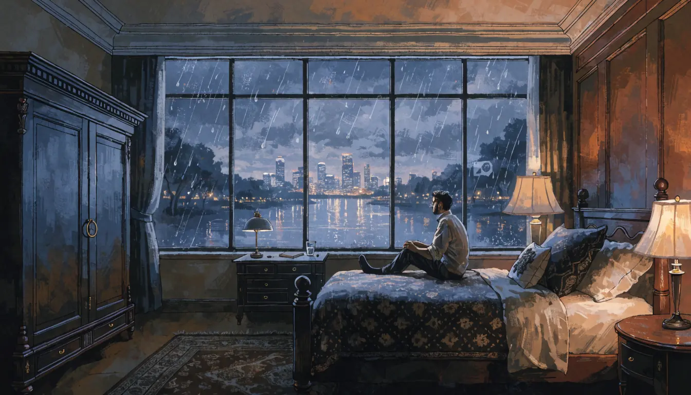 Hotel room with river view and price tag illustration