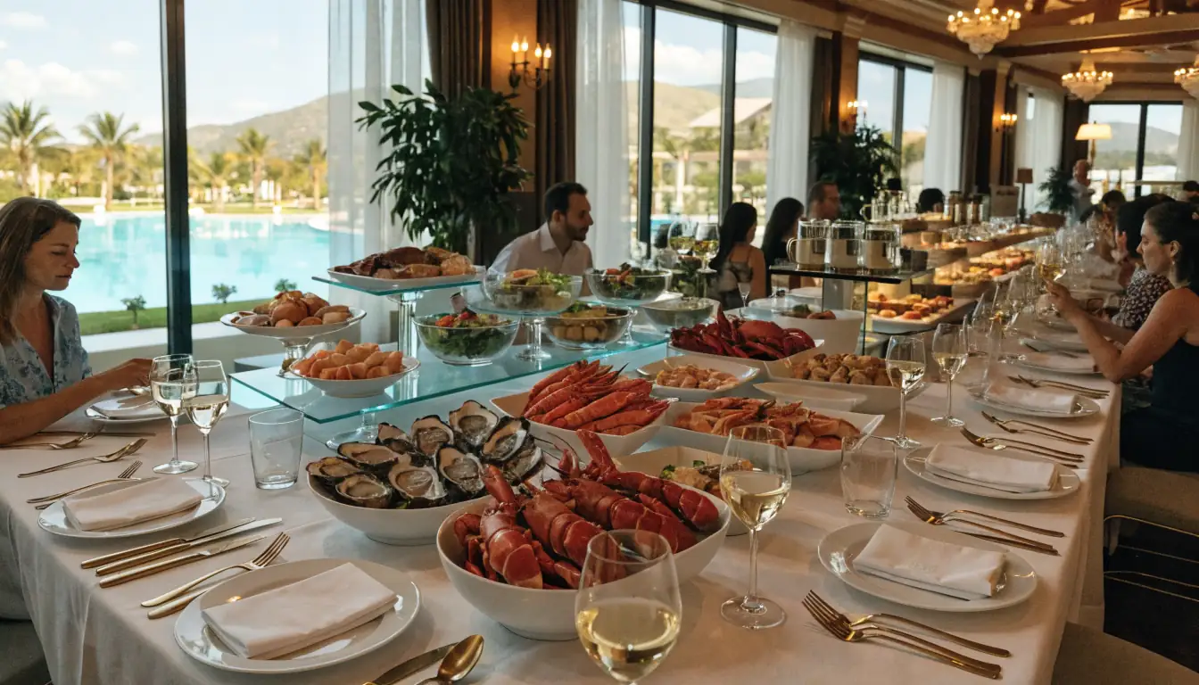 Elegant casino buffet with seafood and dessert stations