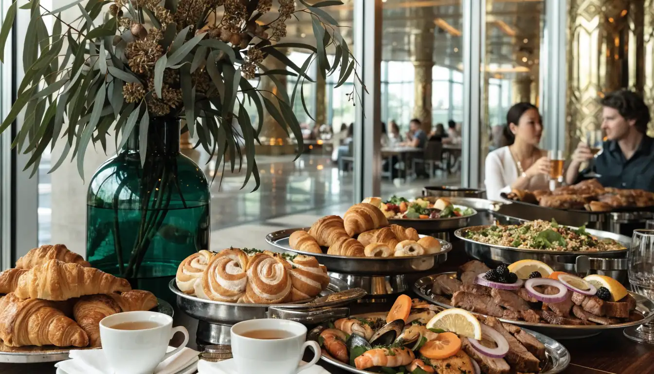 Elegant casino buffet with diverse gourmet foods and Australian décor.