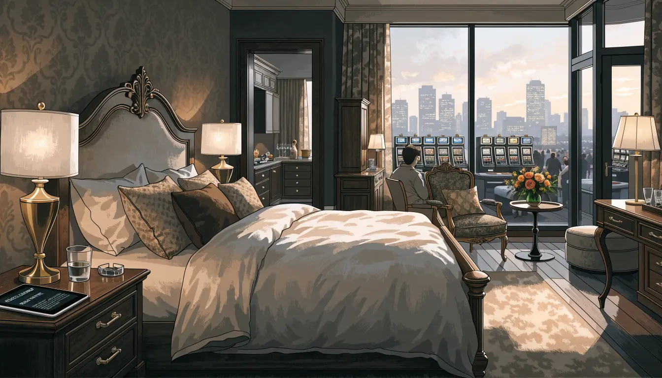 Luxury casino hotel suite interior with view of gaming floor