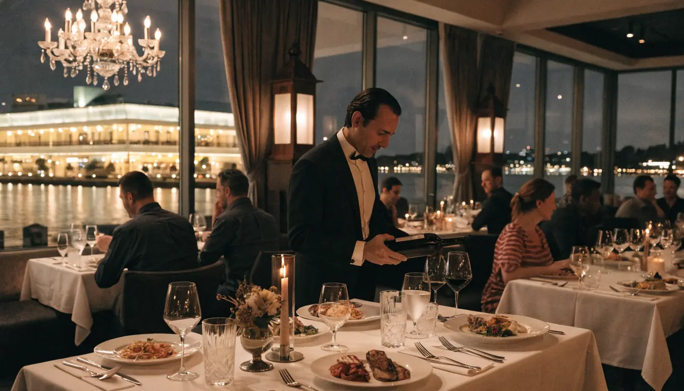 Elegant casino restaurant with fine dining and harbor view