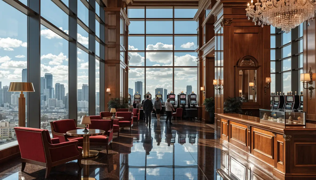 Casino hotel lobby flowing into a gaming floor