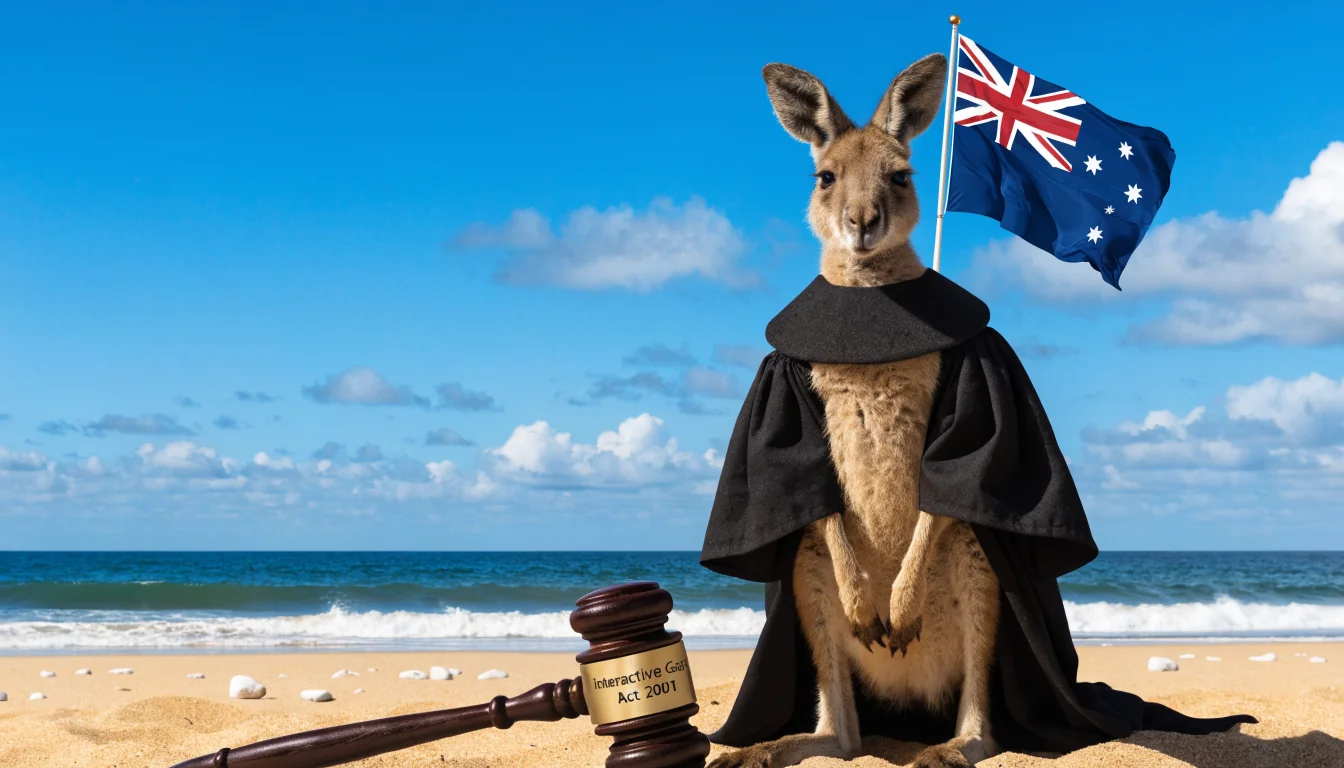 Beach scene with gavel labeled IGA and kangaroo judge, Australian flag