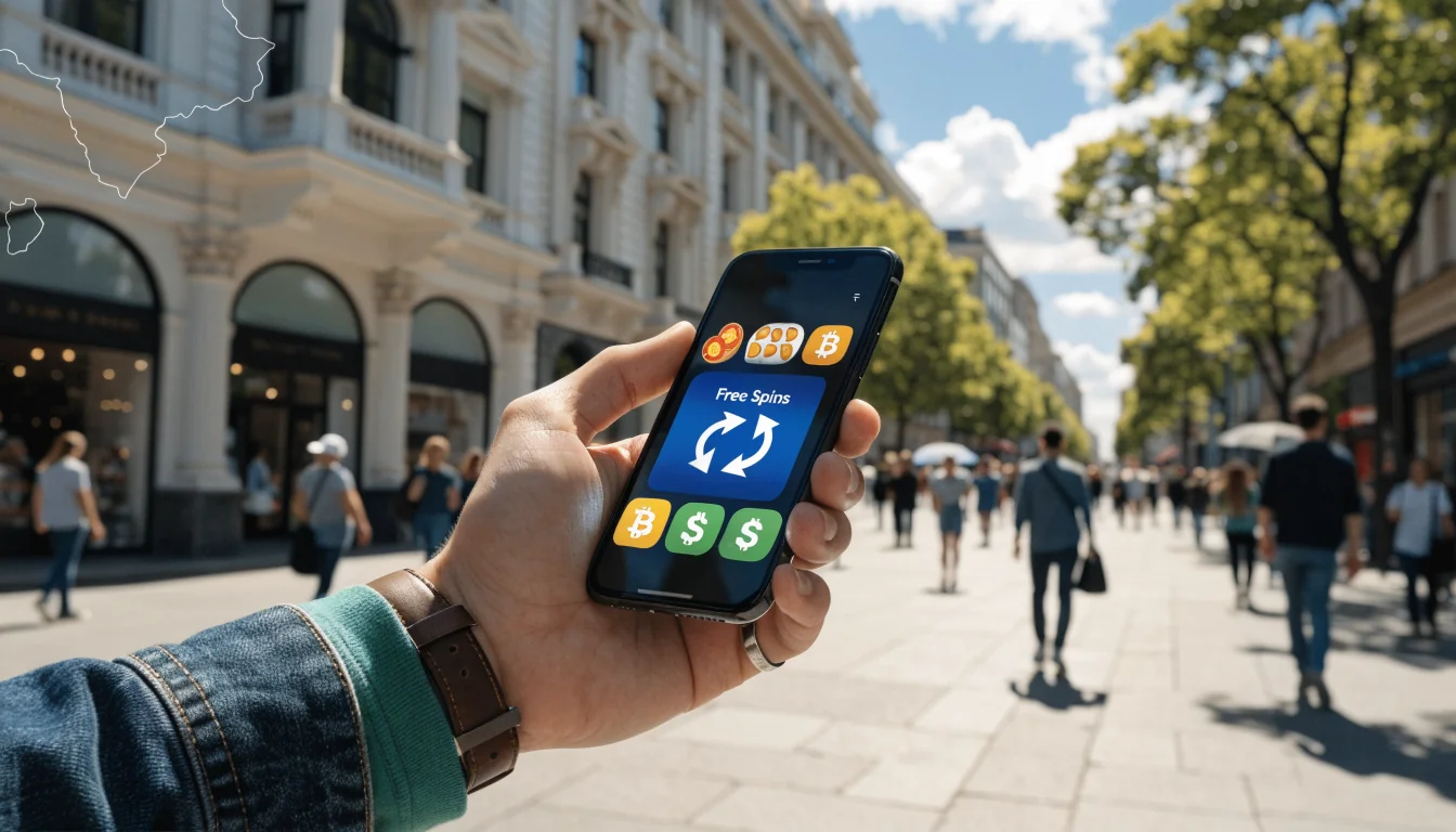 Hand with phone showing slot, free spins and crypto icons, Australian hint