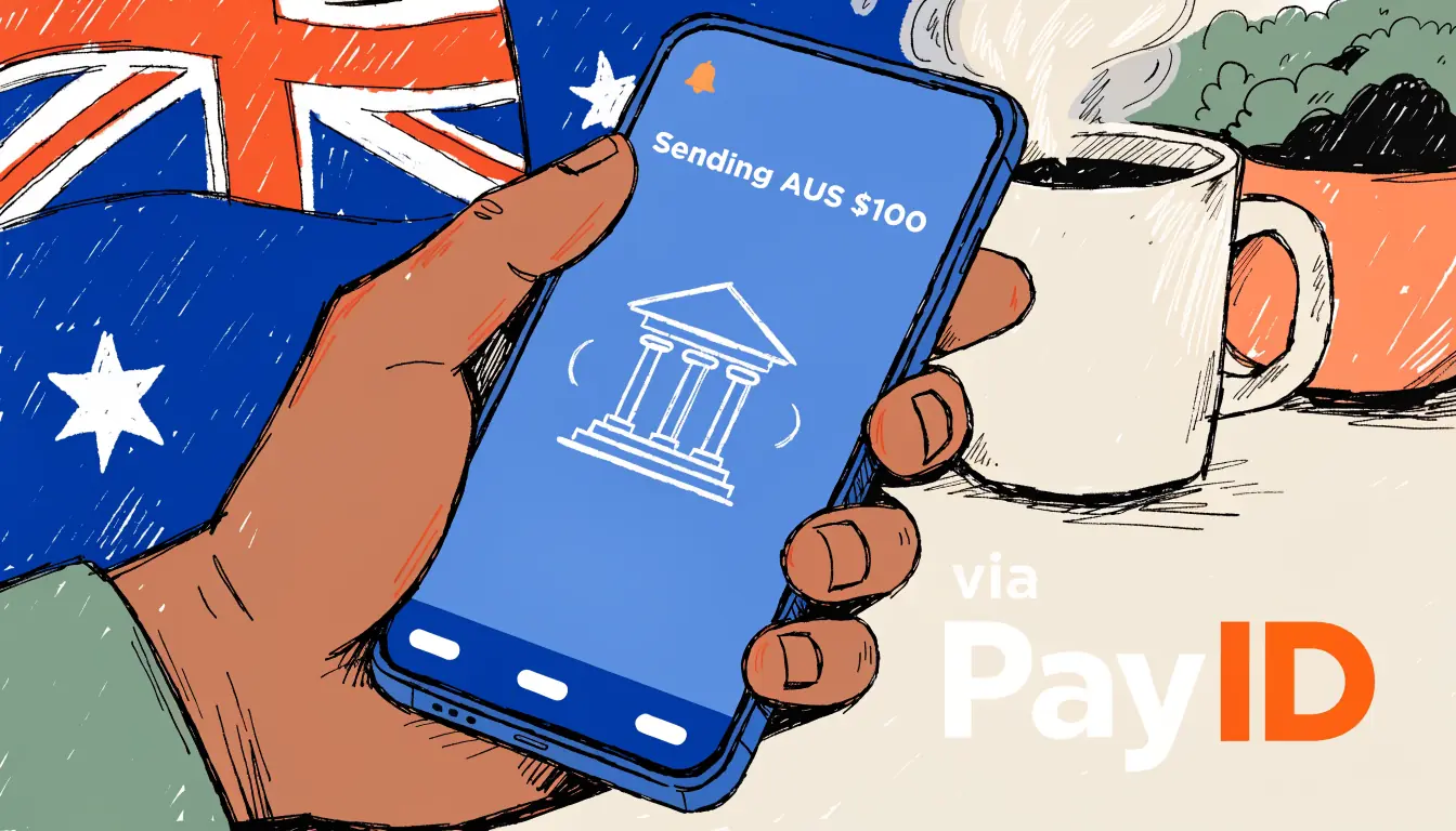 Hand sending money with PayID on smartphone