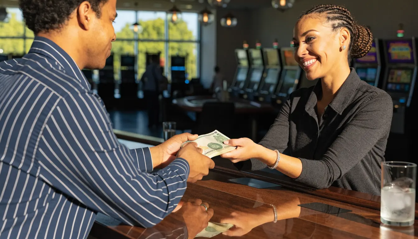 Casino staff handing cash to player quickly