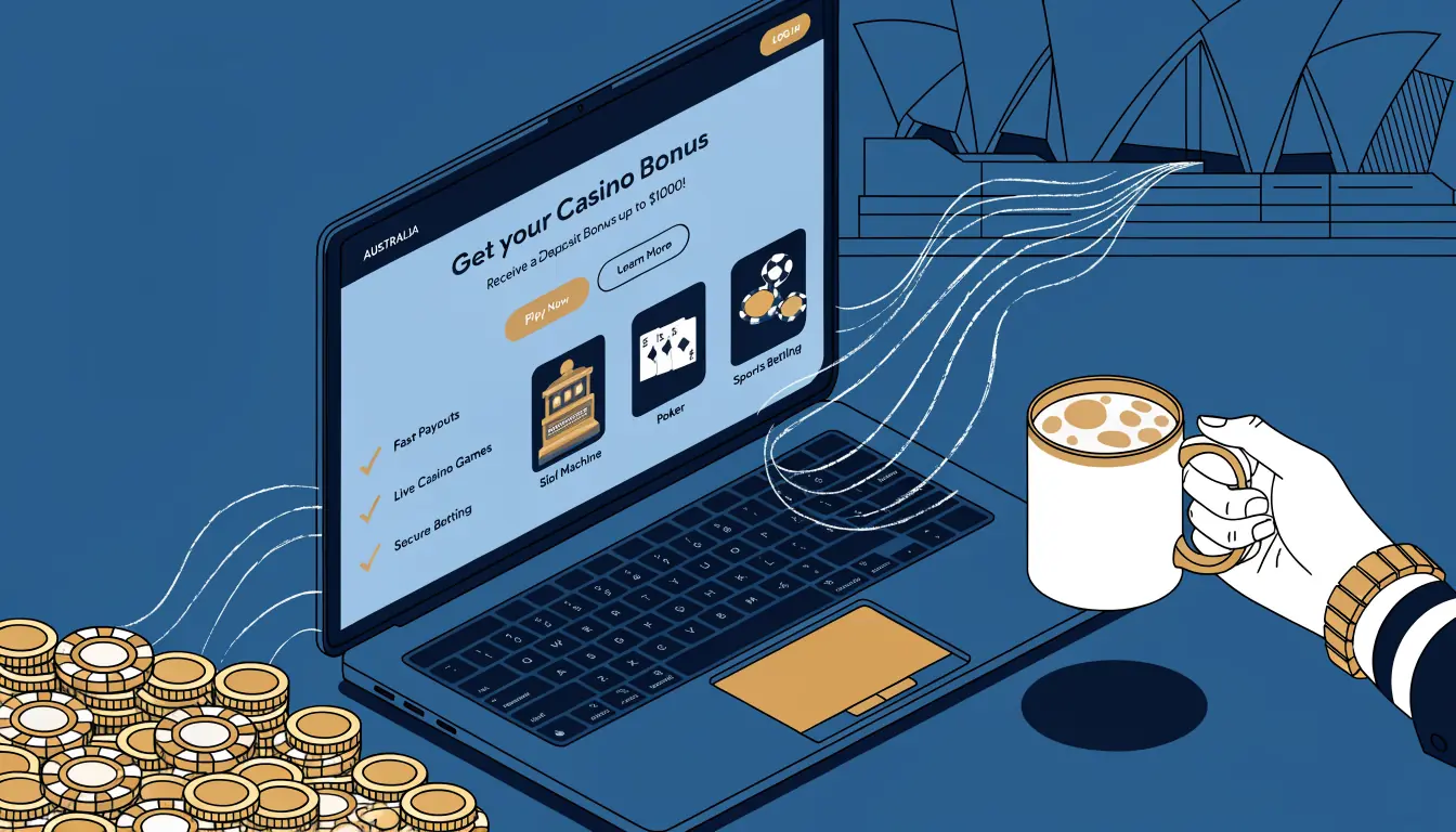 Laptop screen showing casino UI with floating strings and chips