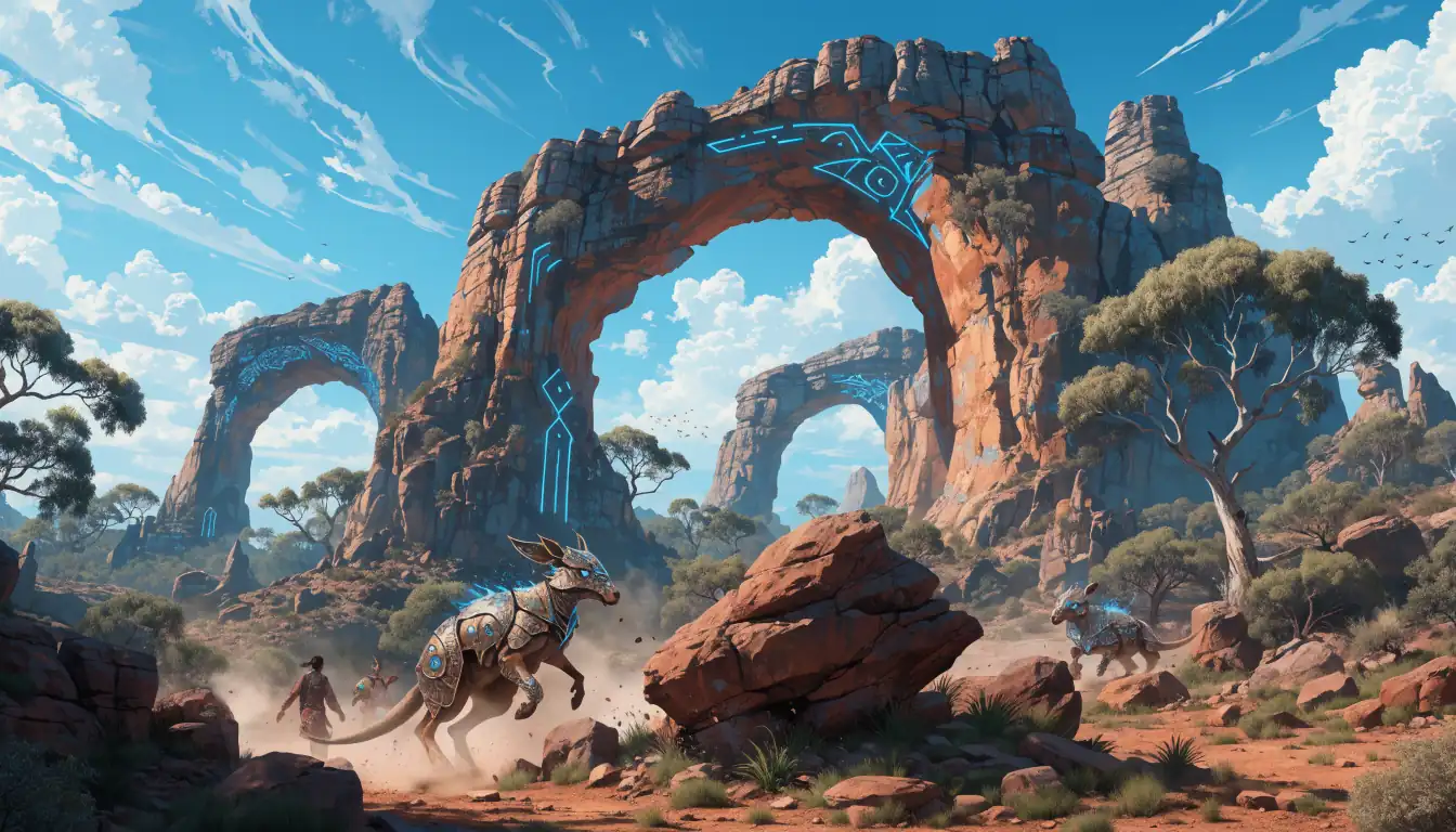 Mythic outback adventure with armored kangaroo creatures