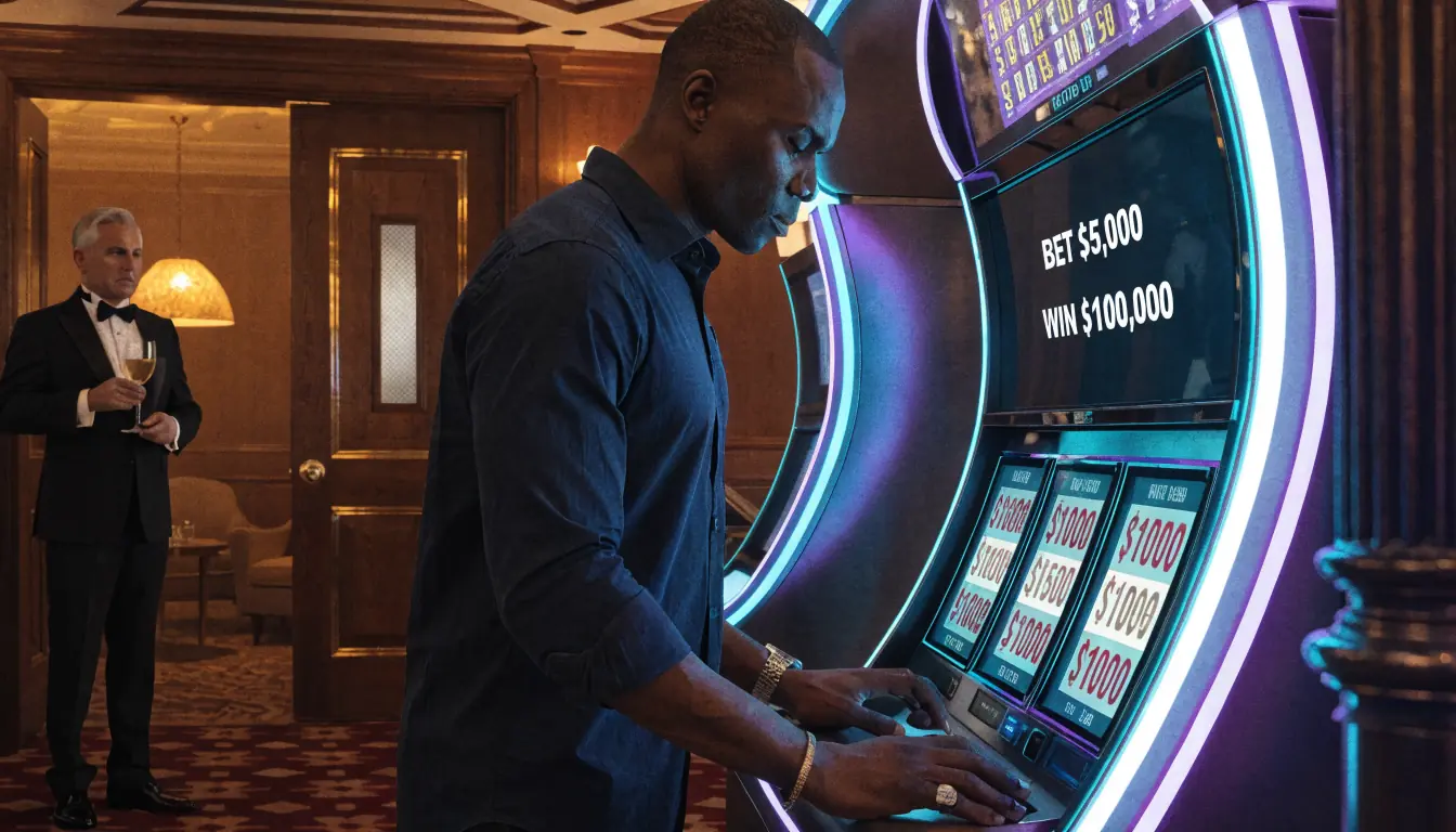 High‑roller at a glowing casino slot with VIP ambiance