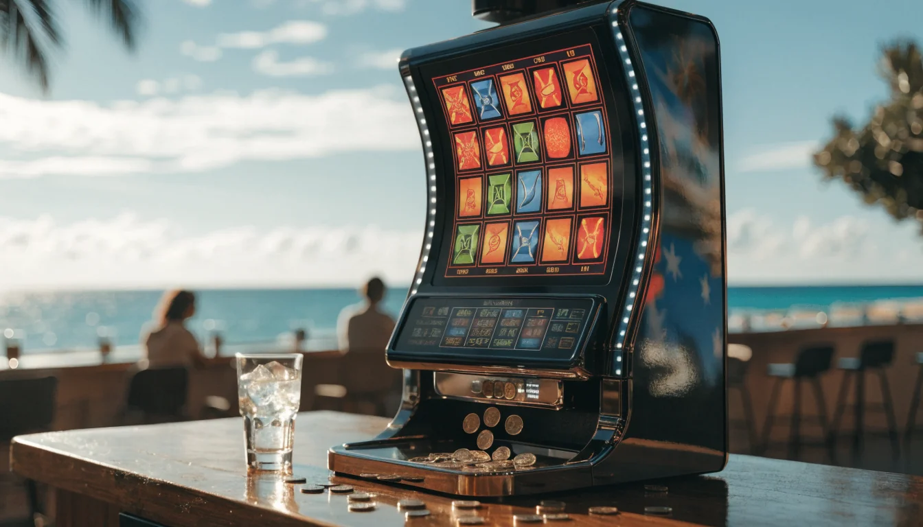 Beachside casino slot machine with ocean view
