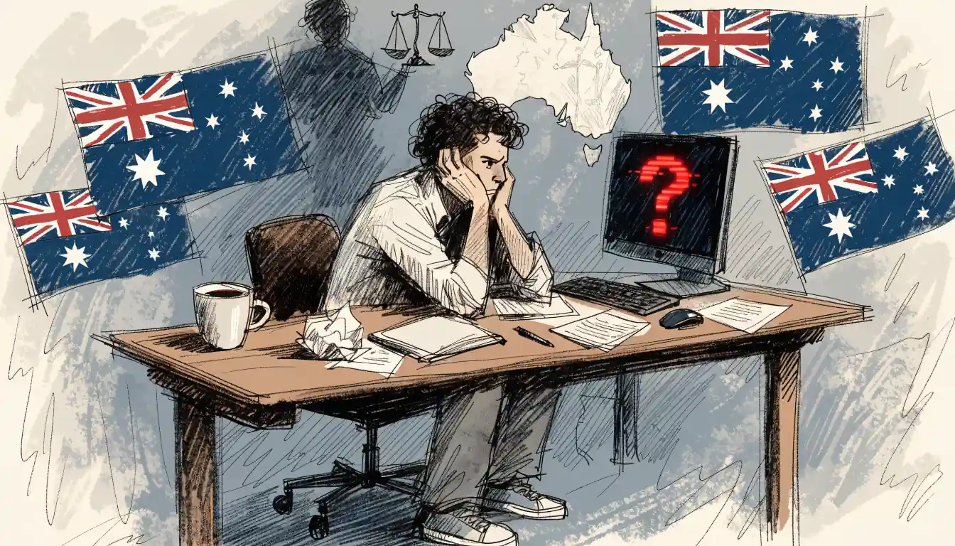 Australian gamer confused by legal uncertainty, question mark on screen.