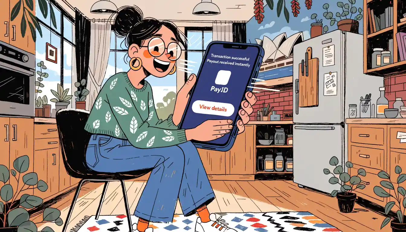 Woman in Australian kitchen celebrating instant PayID payout on phone.
