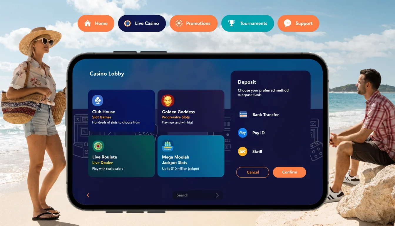 Mobile browser showing seamless casino lobby and deposit popup