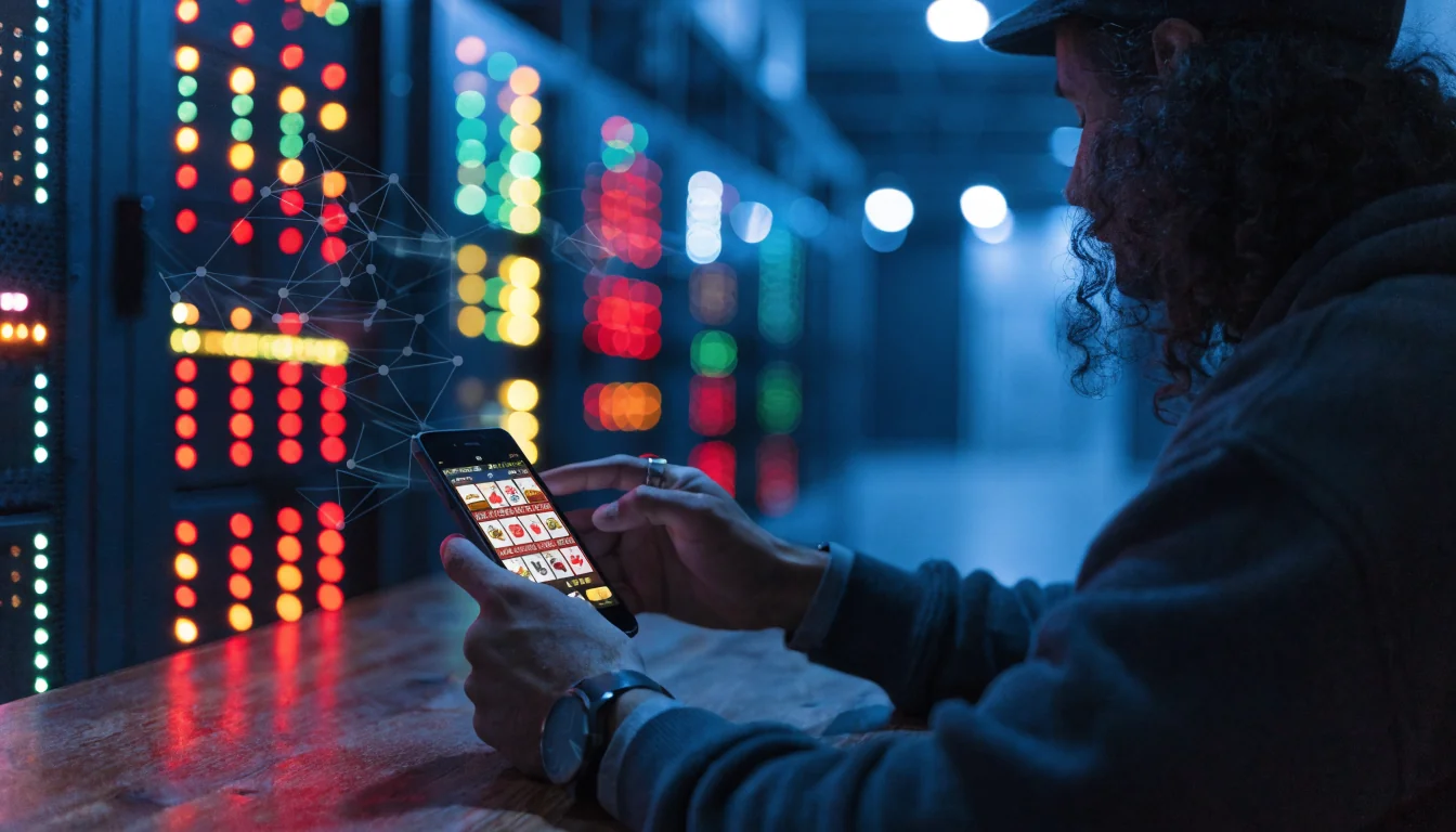 Phone showing slot spin linked to glowing server rack